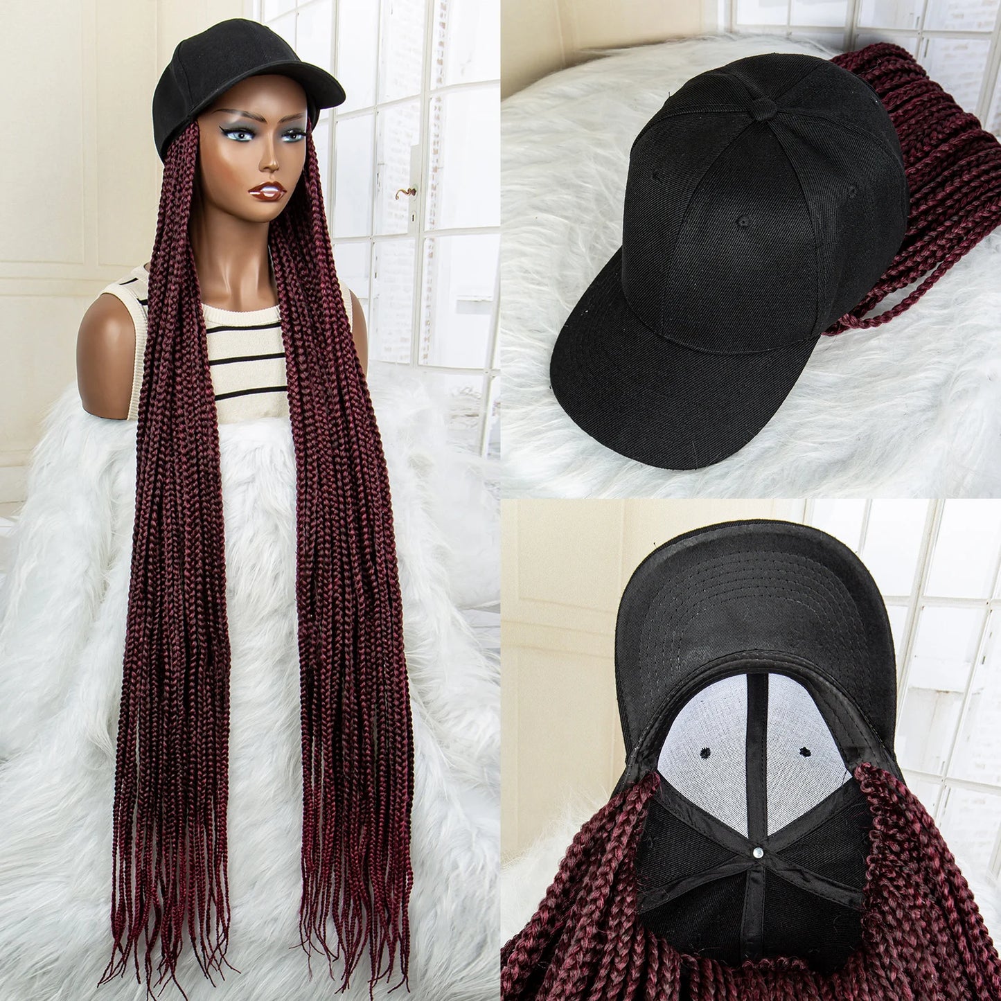 My StoreWig40 Inches Black Baseball Hat With Synthetic Braided Hair Wig ExtensionSynthetic Braided Hair Wig Extensions Connect Adjustable Braided Hat