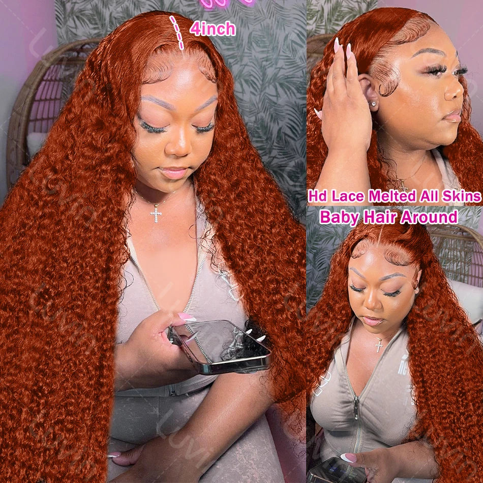 My StoreWigLuvin Ginger Orange Curly 13x6 Lace Front Wigs Transparent HD 30 36 inLuvin Ginger Orange Curly 13x6 Lace Front Wigs Transparent HD 30 36 inch Deep Wave 13x4 Human Hair Lace Frontal Wigs