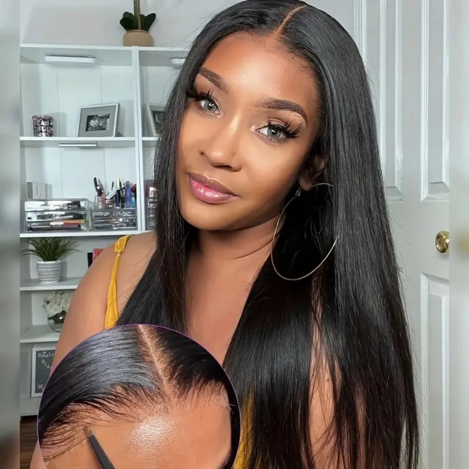 HD Straight Lace Frontal Glueless Black Wig 100% Brazilian Human Hair Ready