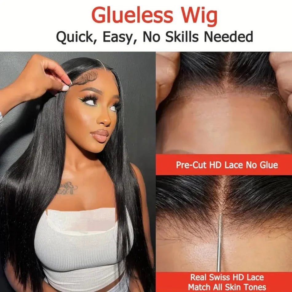 HD Straight Lace Frontal Glueless Black Wig 100% Brazilian Human Hair Ready